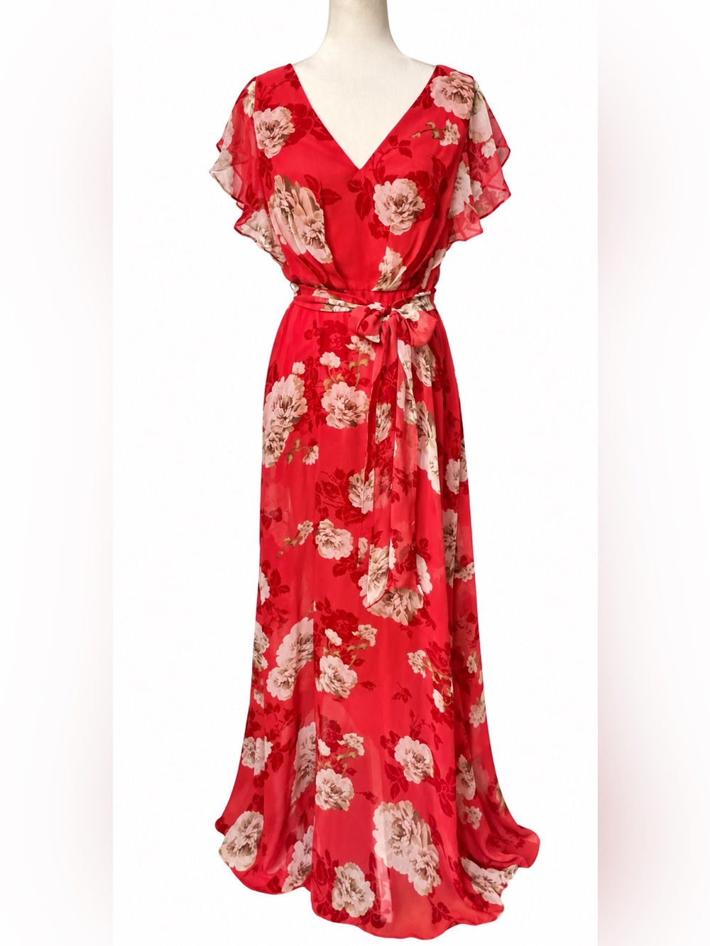Adrianna Papell Red Floral Maxi Dress Women’s Size 8 V-Neck Flutter Sleeve